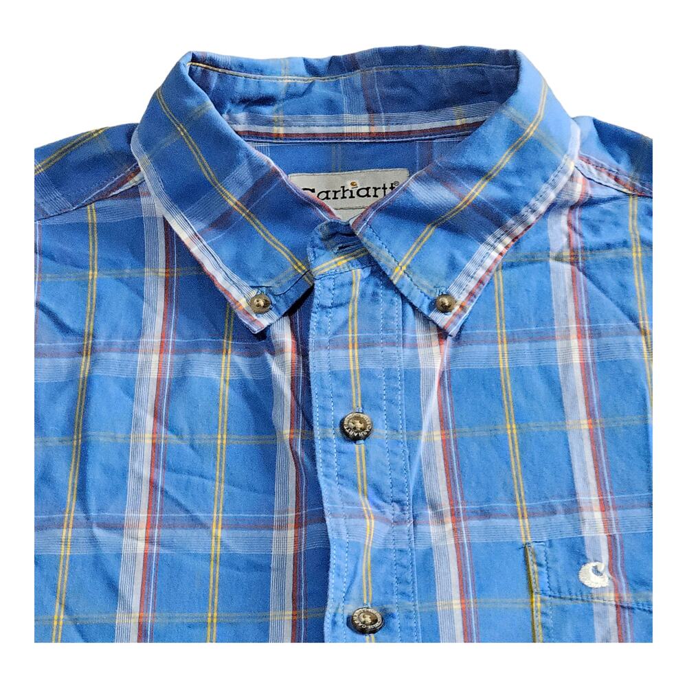 Carhartt Shirt Men's L Blue Plaid Short Sleeve Button Down‎ Pockets Casual Light - Picture 3 of 8